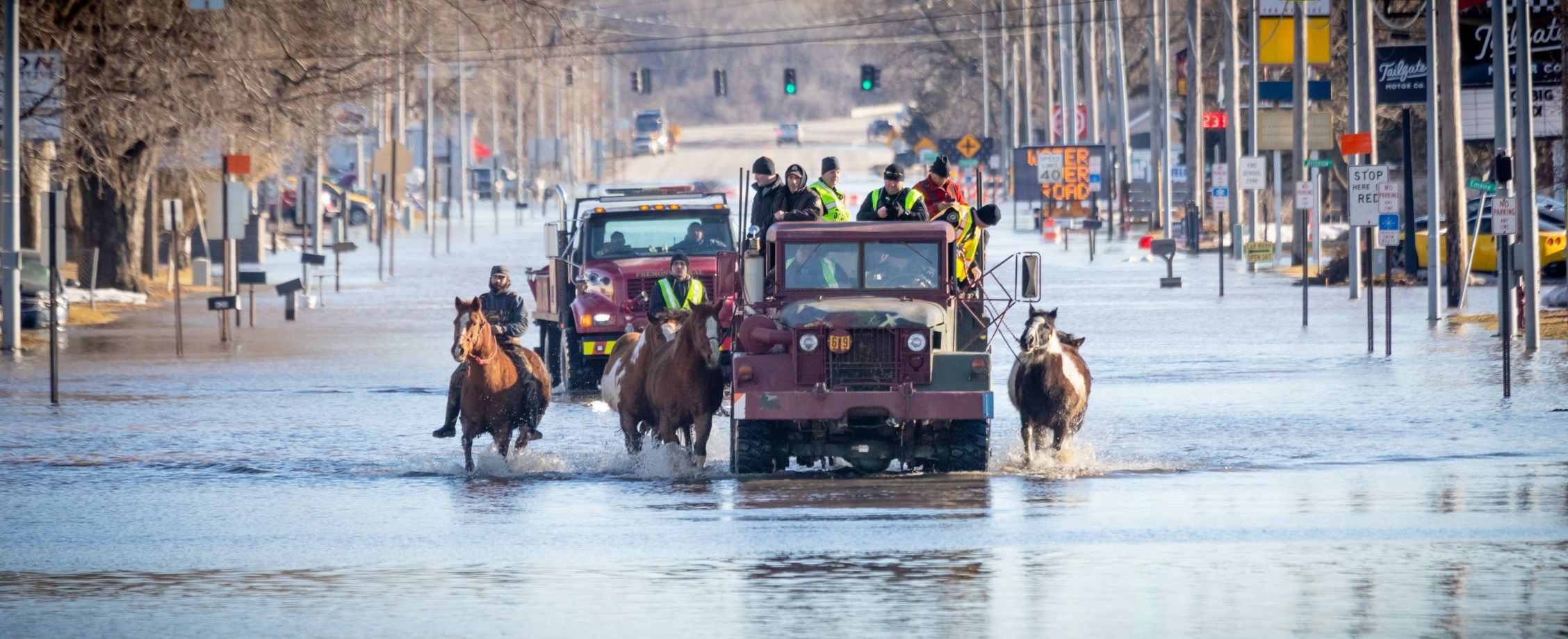 Horses belonging to Faye Etherington of Fremont that were being boarded in Inglewood, Nebraska, are brought into Fremont through floodwater on Highway 77.